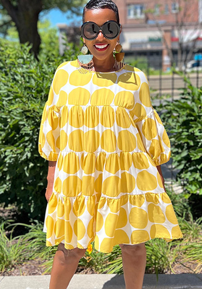 Summer Women Large Polka Dot Loose Round Neck Half-Sleeve Pleated Dress