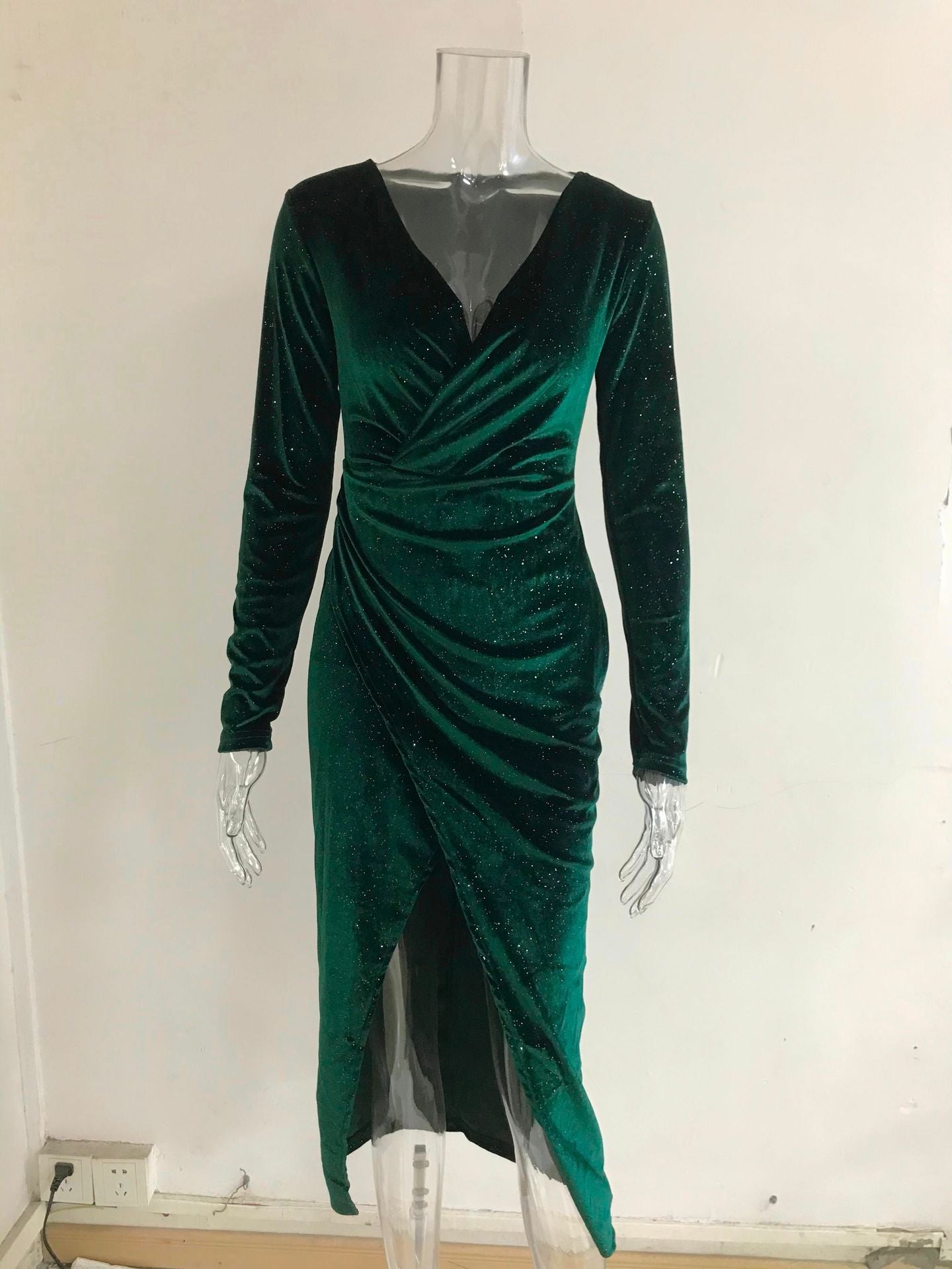 Women Sexy Leg-Exposing Long Sleeve Velvet Dress 23