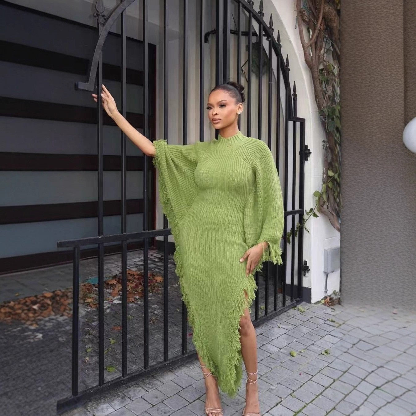 Crochet Fringe Solid Color Round Neck Bat Sleeve Long Knit Dress 9