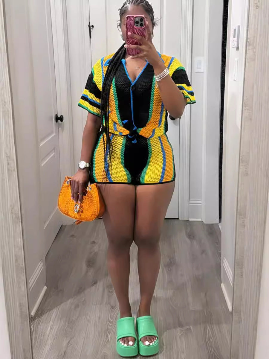 Women's Sexy Hollow Turn-Down Collar Knit Shorts Set 13