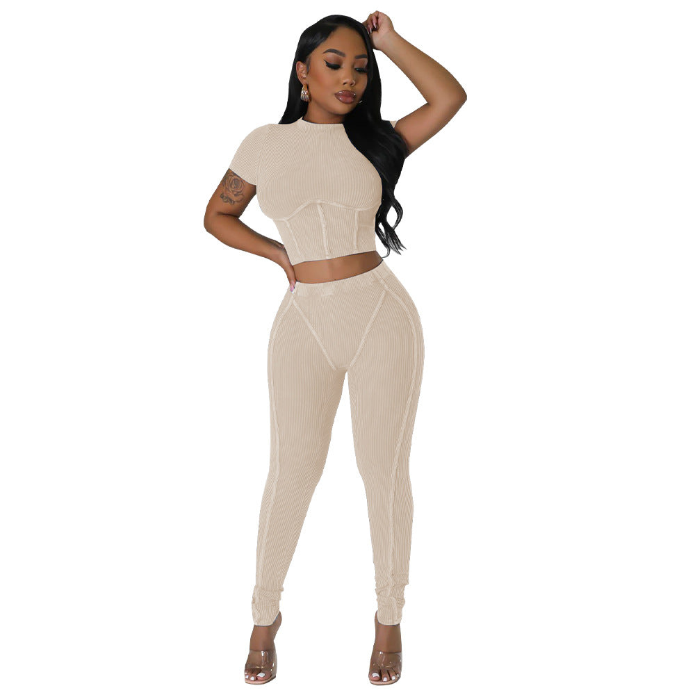 Solid Round Neck Tight Fitting Sexy Women's Sport Two Piece Pants Set 8