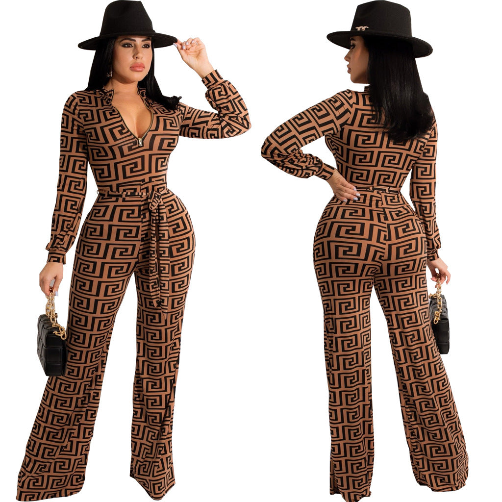 Sexy Fashion Printing Long-Sleeved V-Neck Jumpsuit