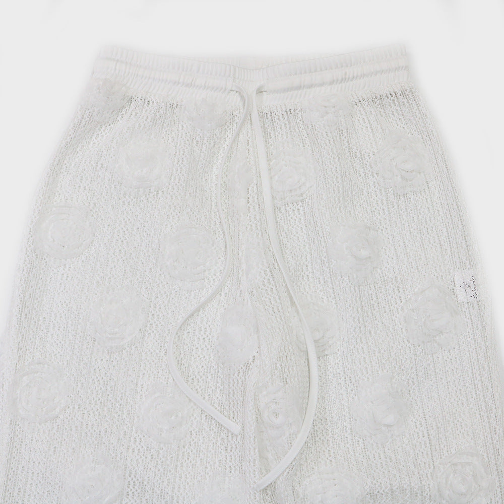 Women Solid Color See-Through Lace-Up Top Loose Slim Pants Two-Piece Set 26