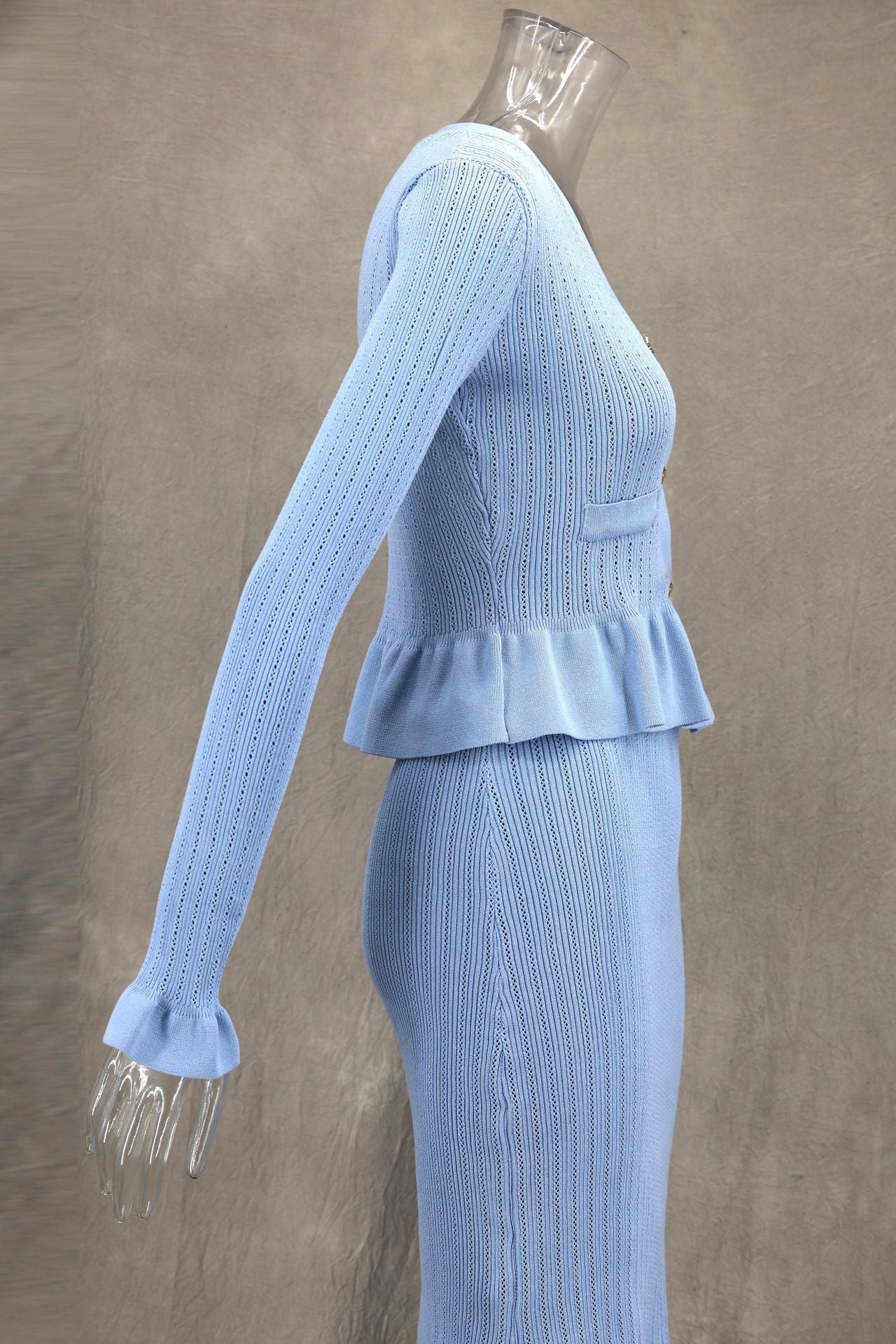 Autumn Winter Elegant Ruffled V-Neck Bodycon Fishtail Skirt Set 23