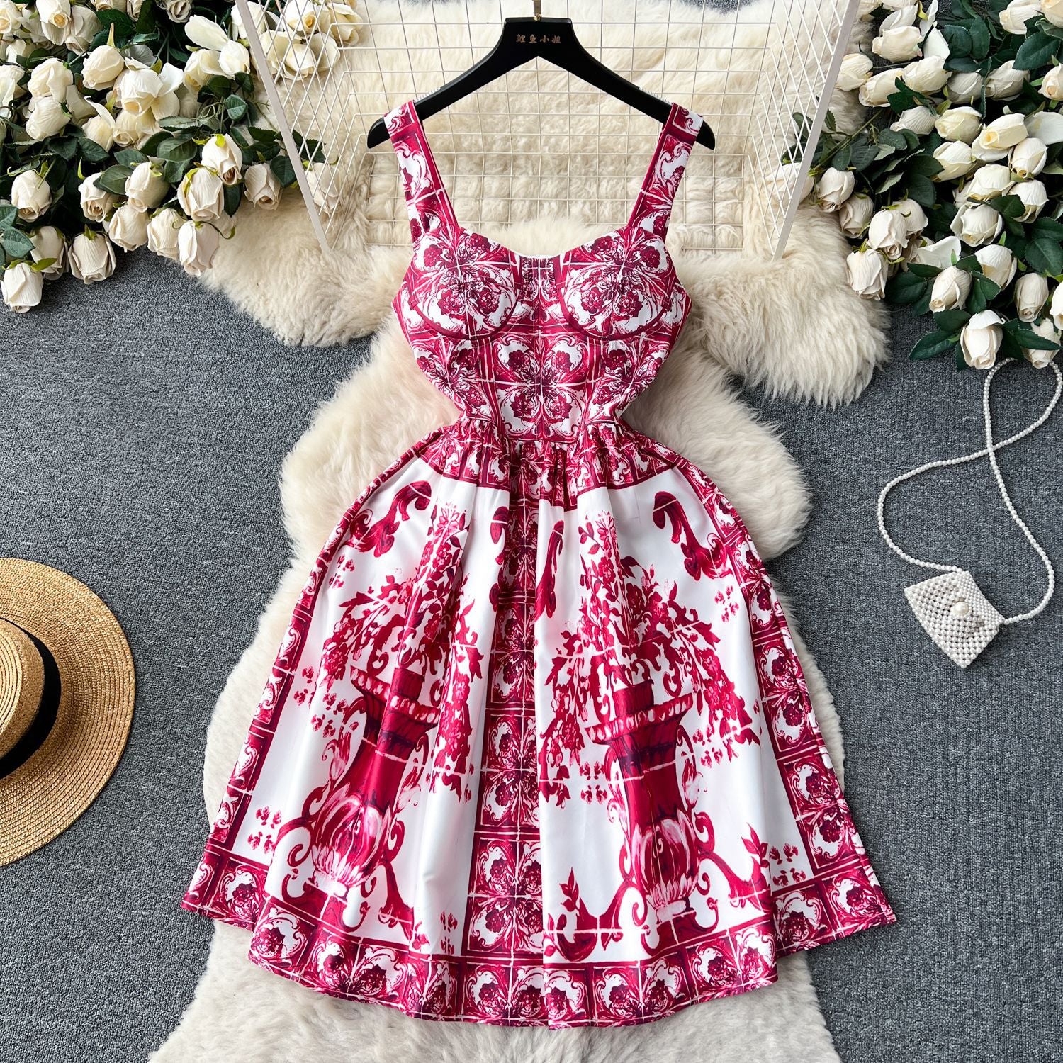 Women French Suspender Printed Strapless Dress 10