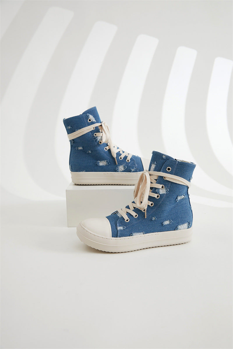 Platform Canvas Shoes Women's Washed Couple High-Top Shoes Ripped Denim Style Trendy Shoes For Men 16