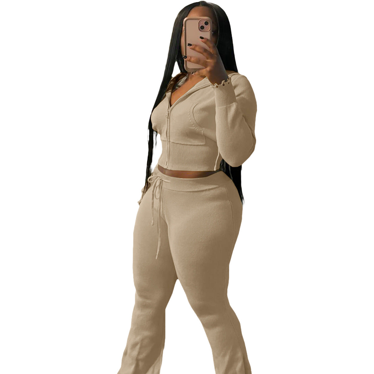 Autumn And Winter Women's Zipper Hooded Sweater Knitting Pants Fashion Casual Sports Two Piece Set 10