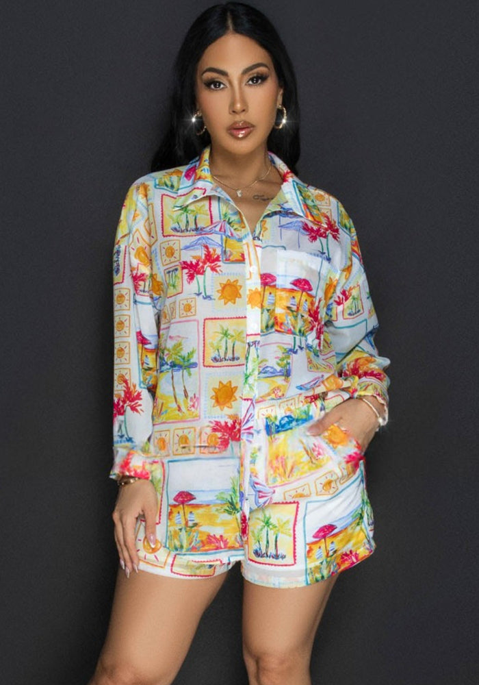 Print Long-Sleeve Shirt & Shorts Two-Piece Set