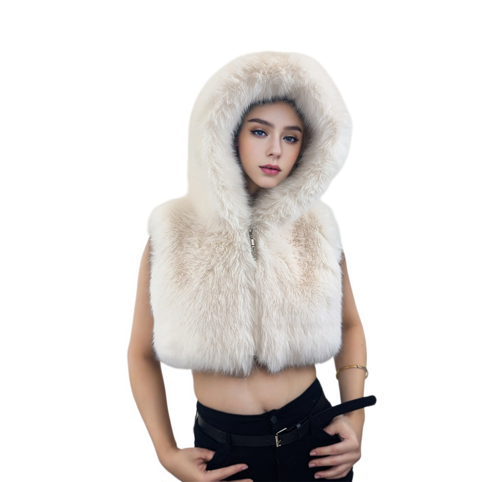 Women Solid Pu-Leather Zippered Hooded Sleeveless Crop Top 17