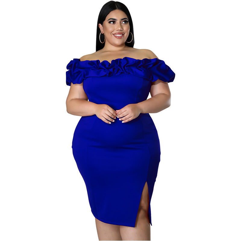 Fashion Plus Size Women's Summer Sexy Off Shoulder Ruffled Slit Bodycon Dress 7