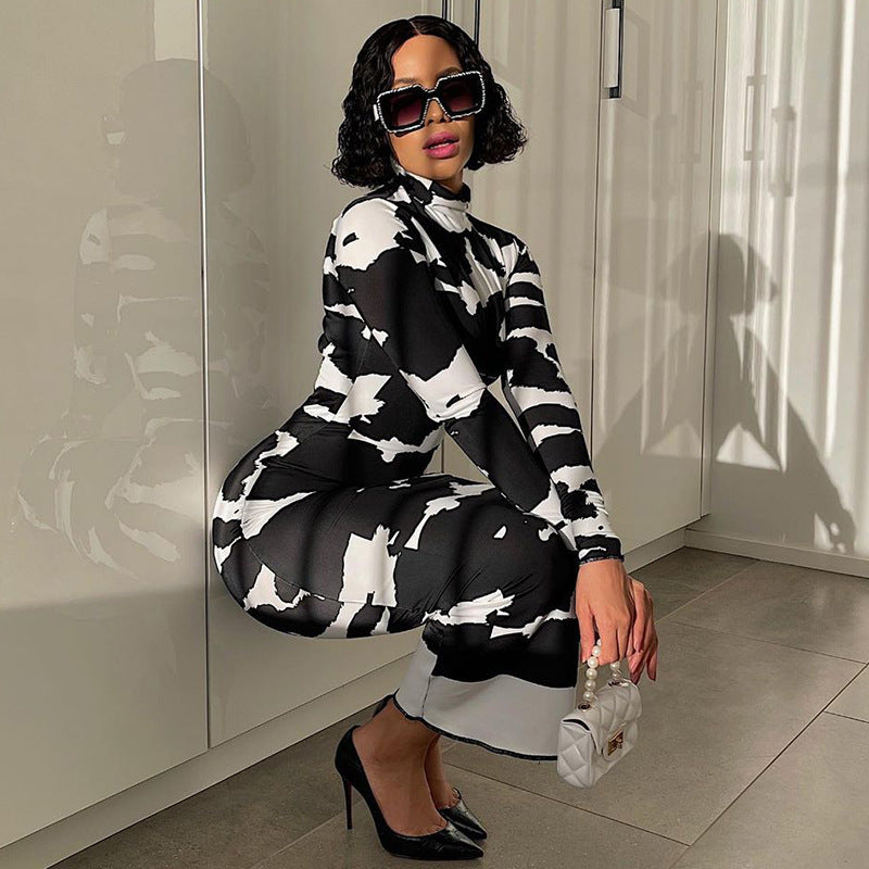 Women's Spring Autumn Fashion Print High Neck Long Sleeves Slim Fit Dress 4