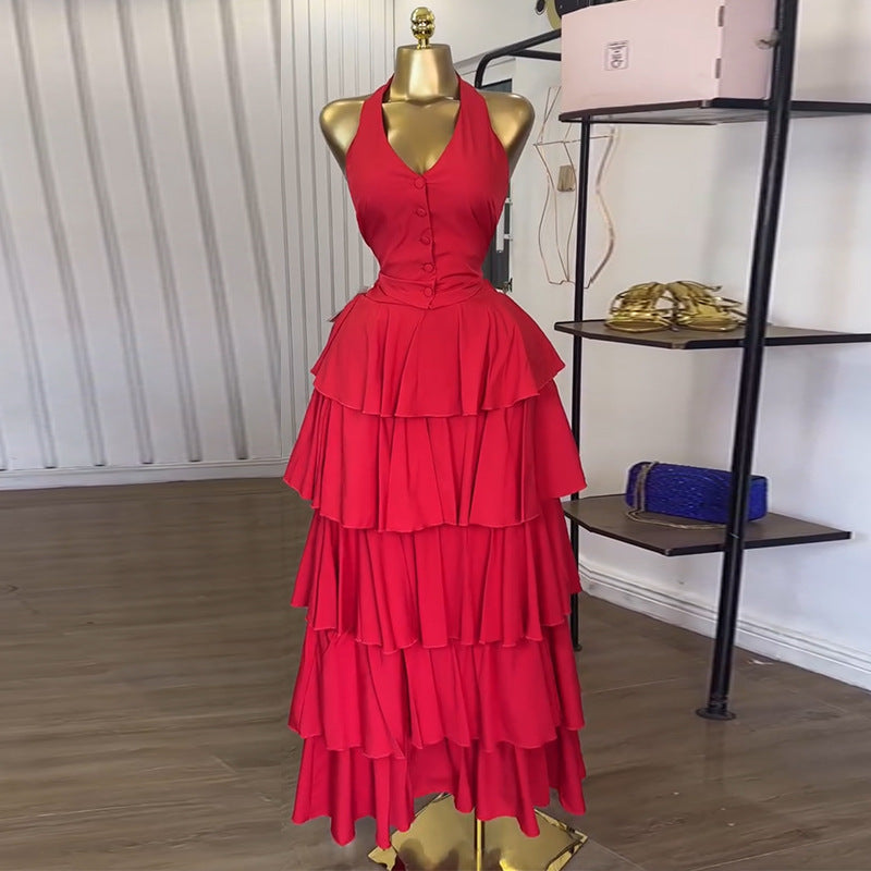 Women summer Halter Neck vest and cake skirt two-piece set 3