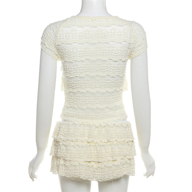 Summer Fashion Chic Sweet Solid Color Hollow Slim Pleated Two Piece Shorts Set For Women 11