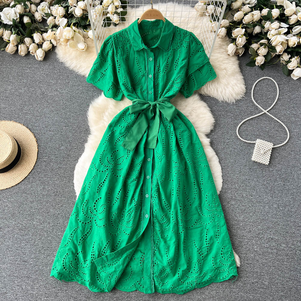 Women Turndown Collar Puff Sleeve Lace Hollow French Maxi Shirt Dress 3