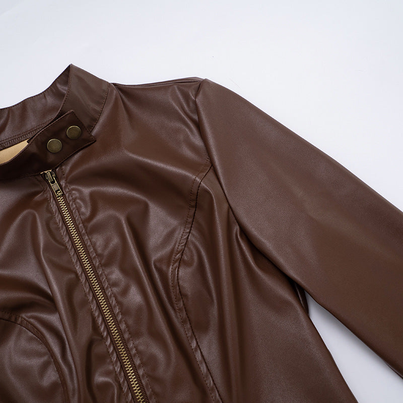 Women Fall/Winter Pu-Leather Long-Sleeved Zipper Jacket 11