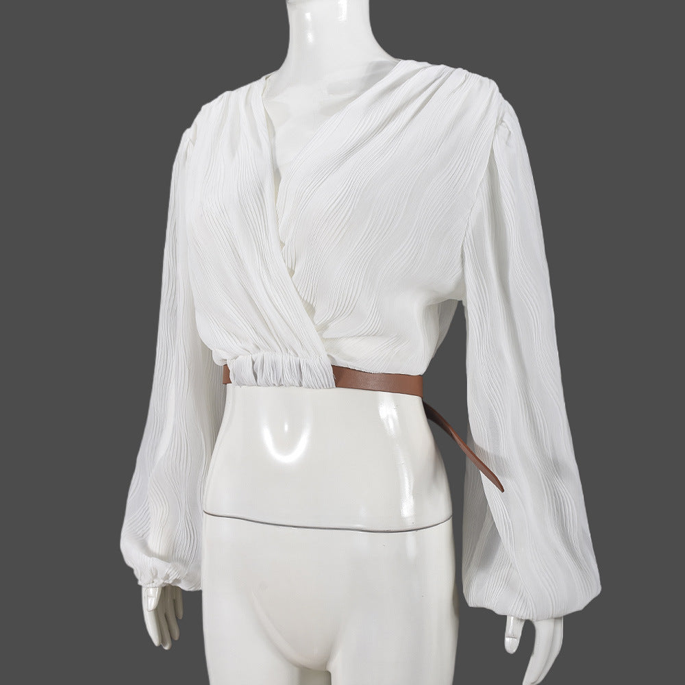 Autumn Thin Top Belt Adjustable Waist Lantern Sleeve Blouse 8