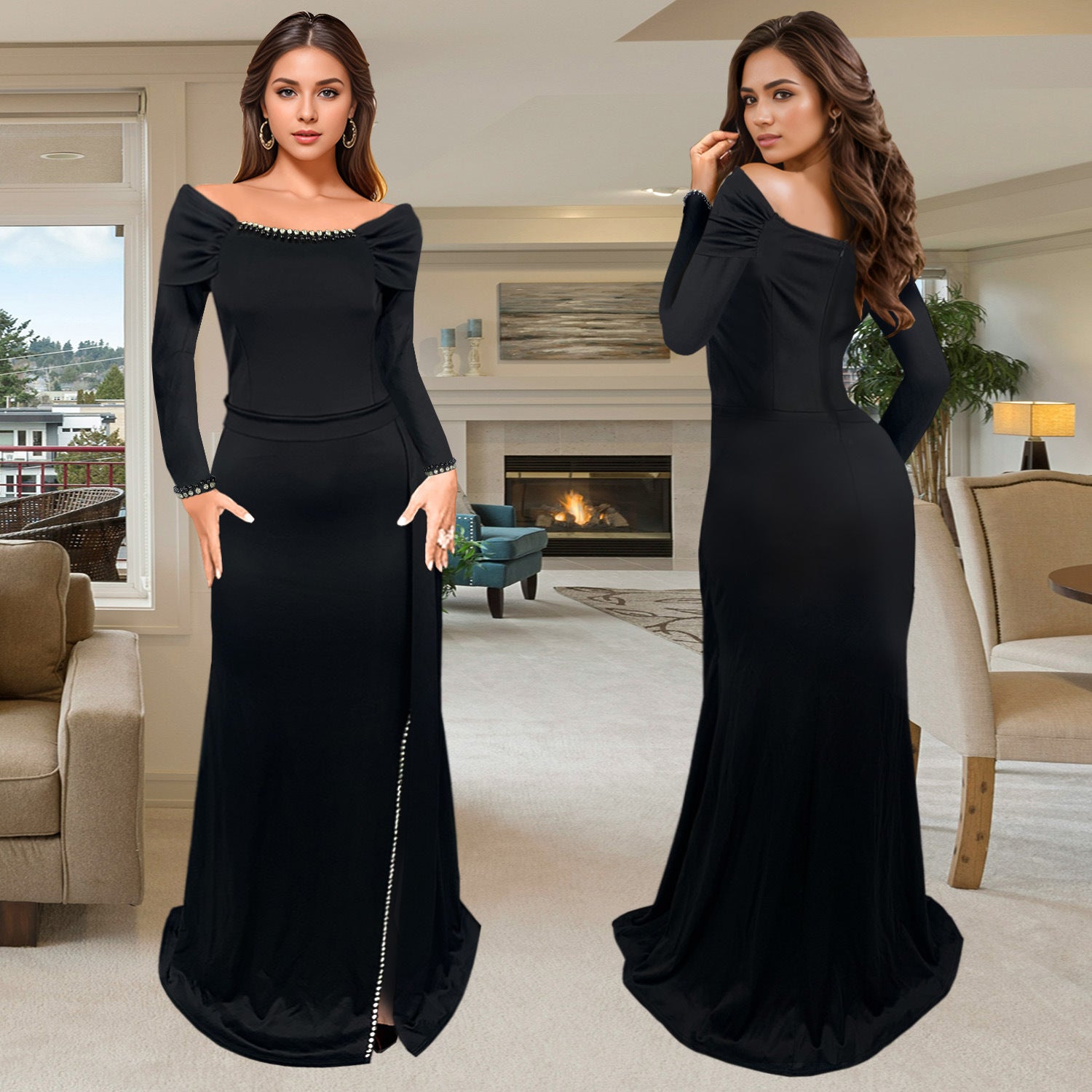 Women Elegant Long Sleeve Slit Evening Dress