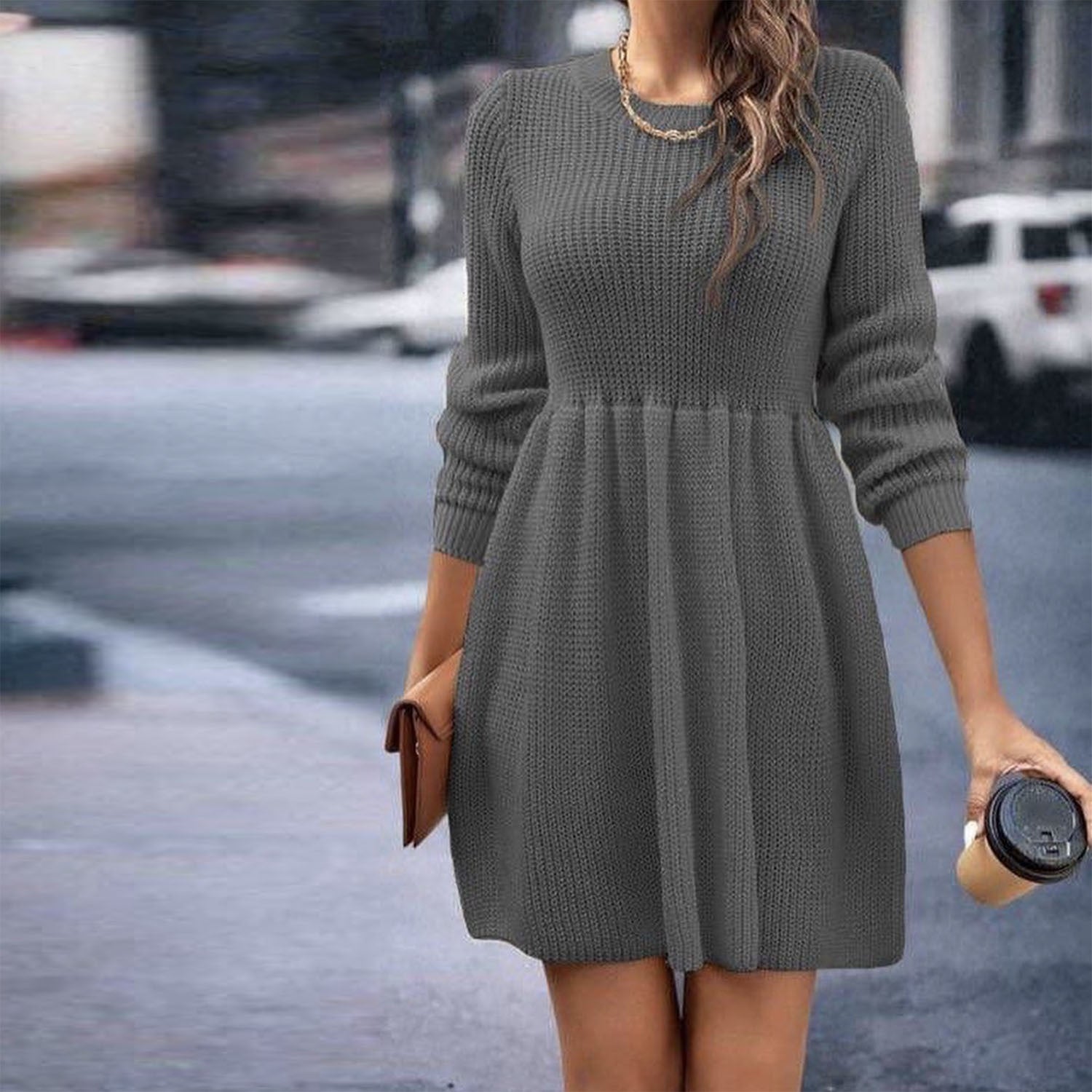 Autumn And Winter Women's Solid Color Sweater Dress 5