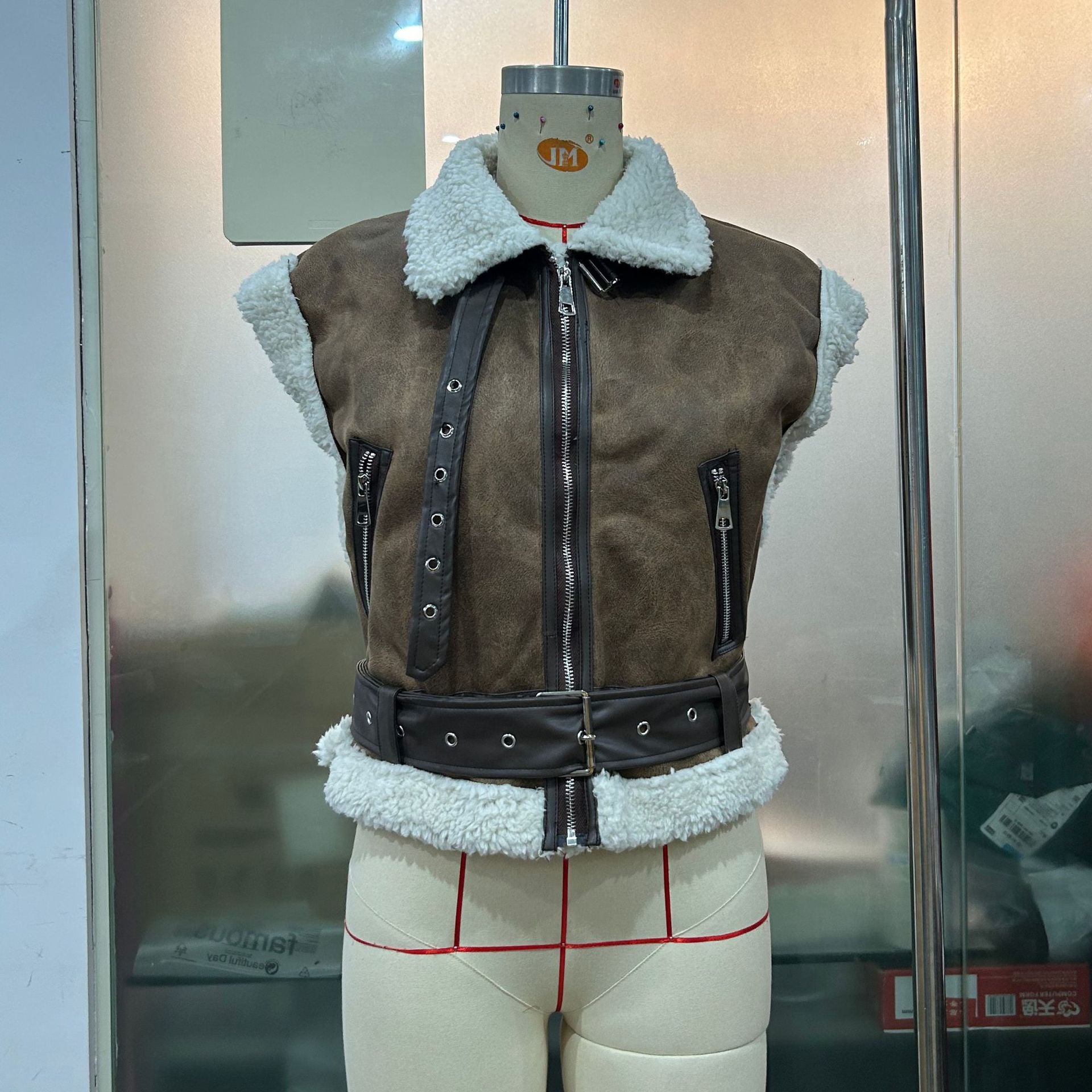 Women Zipper Pu-Leather Furry Patchwork Vest 10