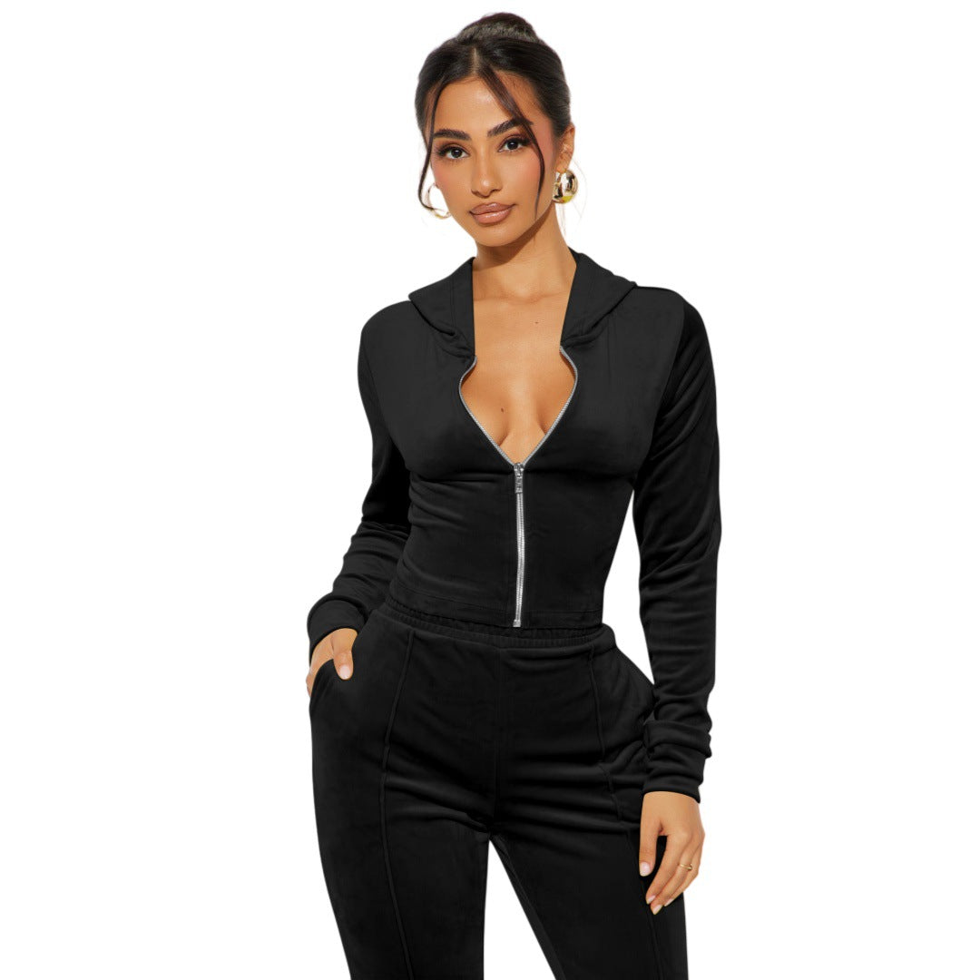 Fashion Casual Hooded Velvet Two-piece Set Women's Tracksuit 4