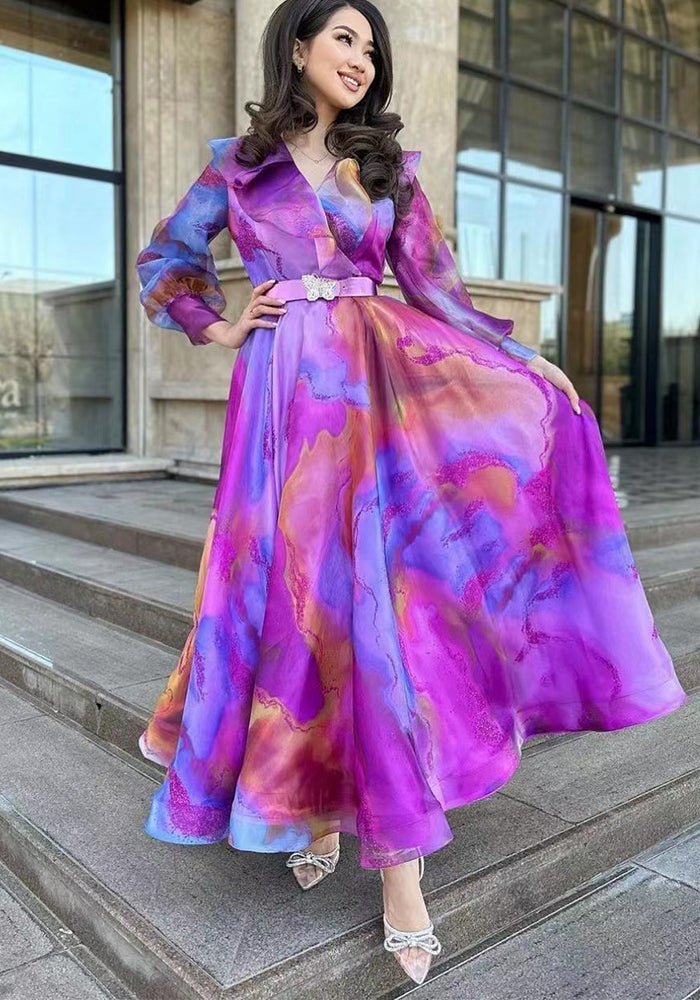 Spring Summer Print Mesh V-Neck Long Dress Plus Size Women's Dress