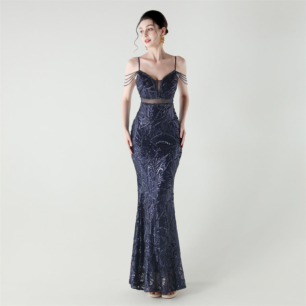 Women beaded cross Lace-Up v-neck fishtail Formal Party evening dress 22