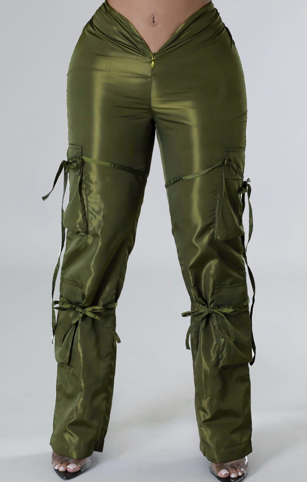 Women's Zip Lace-Up Solid Green Casual Trousers 5