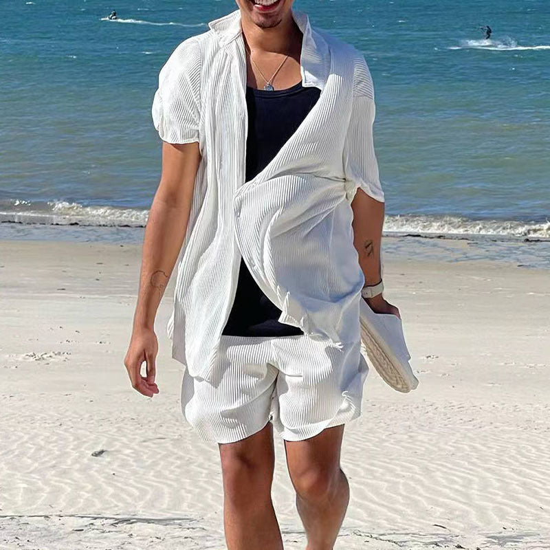 Men's Casual Loose Beach Wear Solid Short Sleeve Shirt and Shorts Two-piece Set