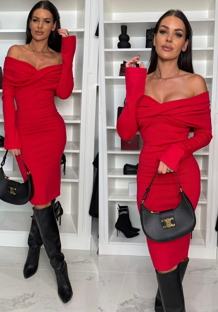 Women Solid Off Shoulder Long Sleeve Dress