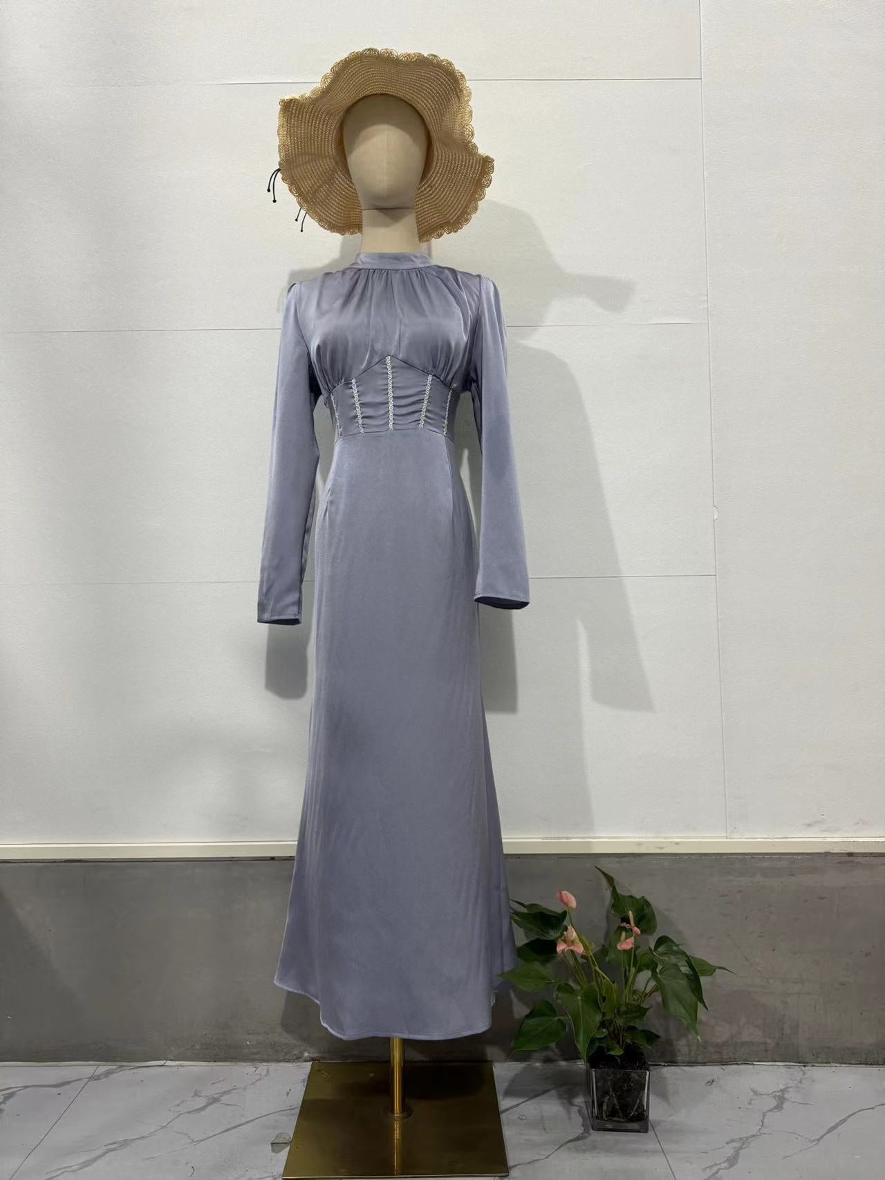 Autumn Slim Long-Sleeved Pleated Lace-Up Irregular Long Dress For Women 17