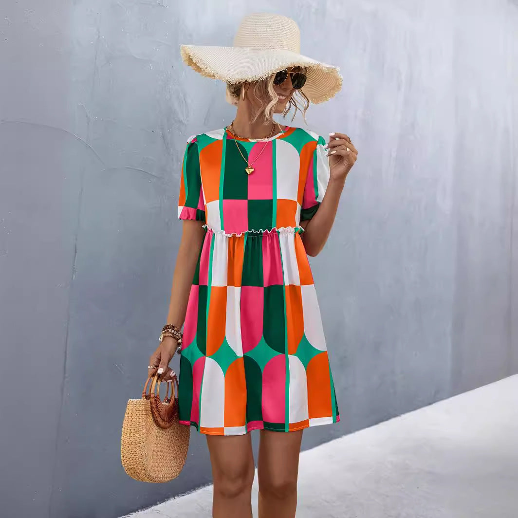 Spring Women's Round Neck Puff Sleeve Printed Dress 6