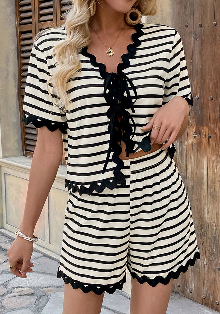 Women Casual Striped Lace Patchwork Top and Lace Shorts Two Piece Set