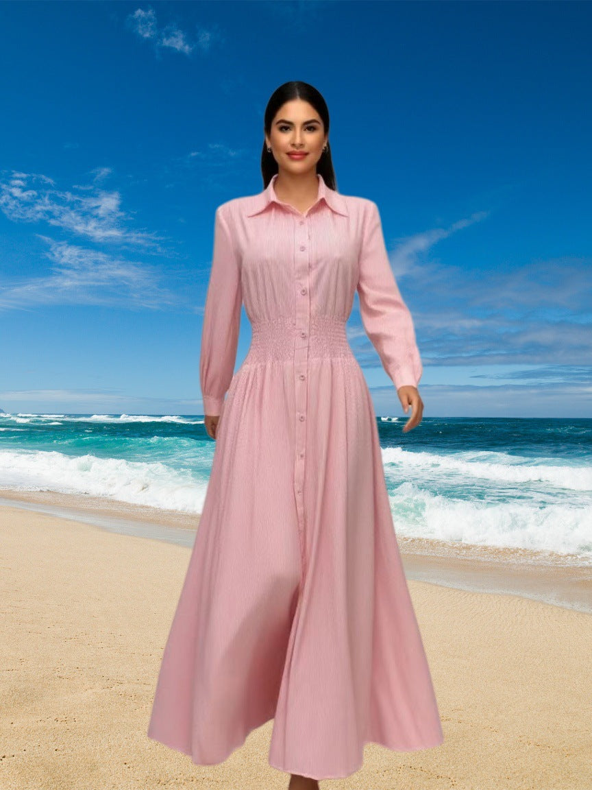 Striped Turndown Collar Long-Sleeve Button Slim Waist A-Line Gown 5