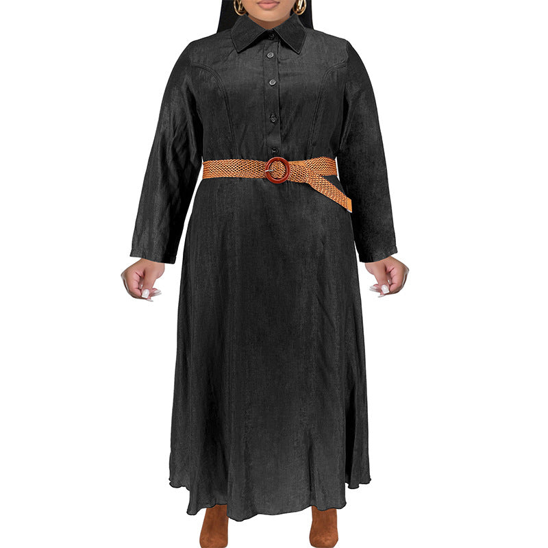 Plus Size Women's Winter Denim Turndown Collared Button Up Long Sleeve Casual Shirt Dress 10