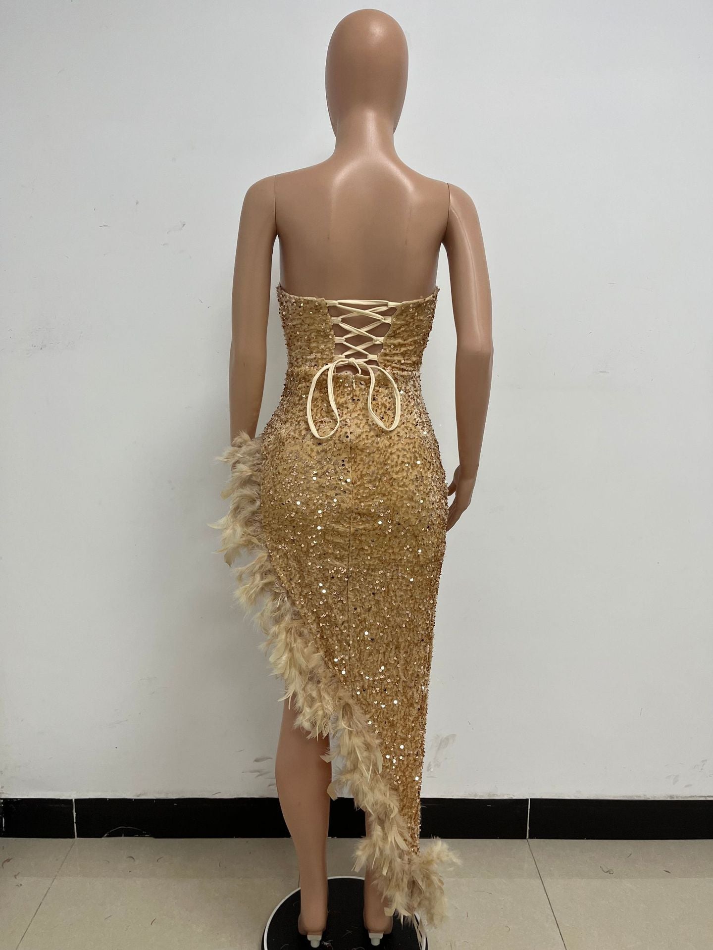 Women Sexy Off Shoulder Backless Sequin Feather Dress 59