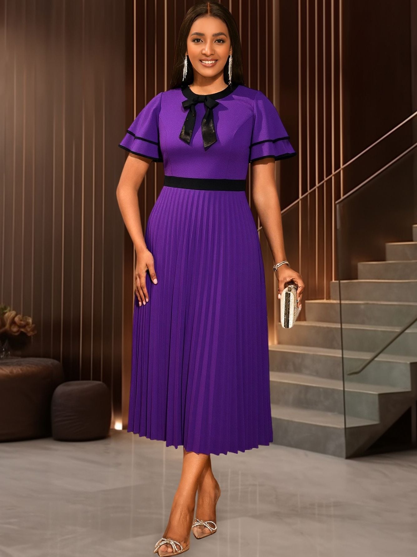 Plus Size Elegant Round Neck Bow Ruffle Sleeve Slim Waist Pleated Party Dresses