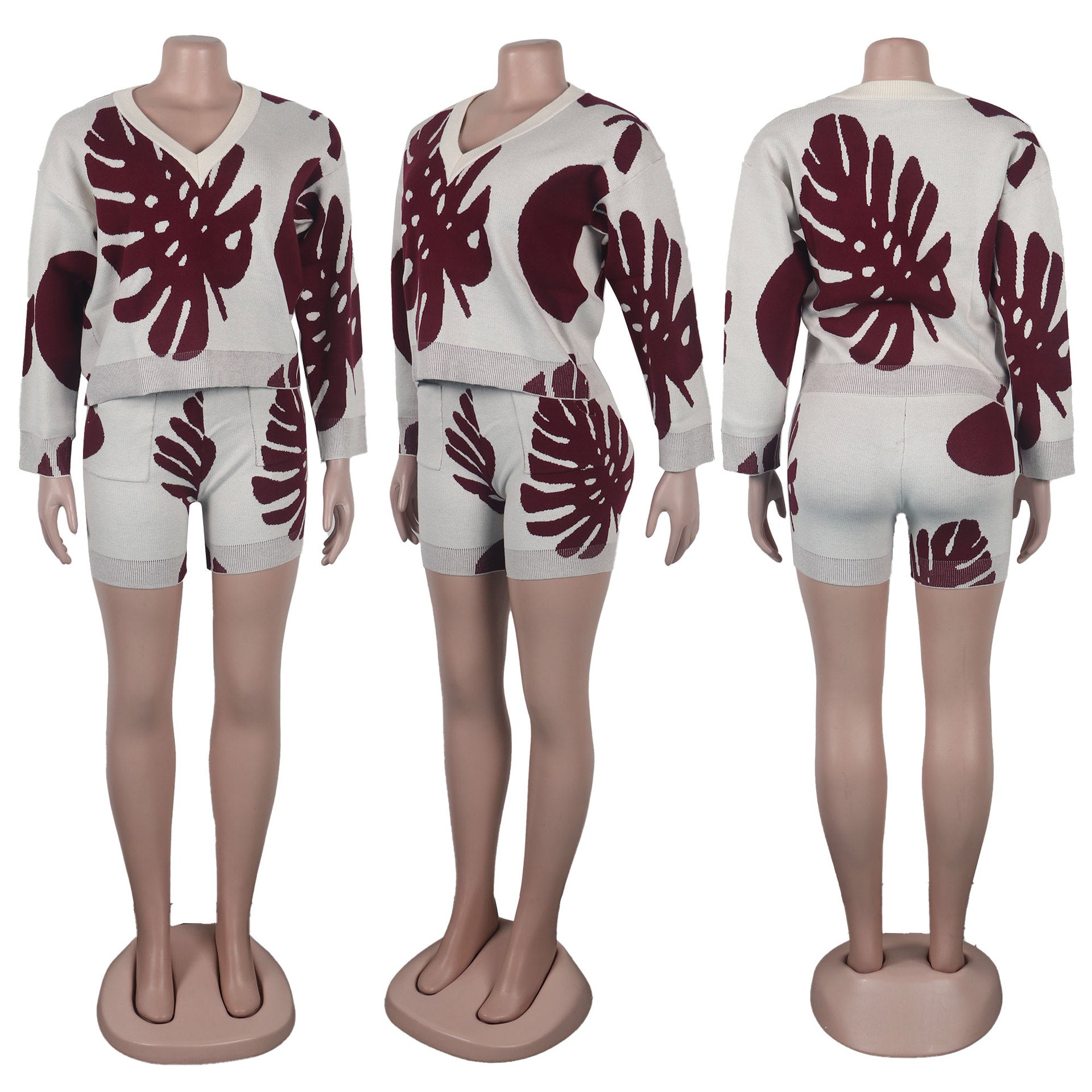 Sexy Leaf V-Neck Pullover Long-Sleeved Sweater Two-Piece Set 26