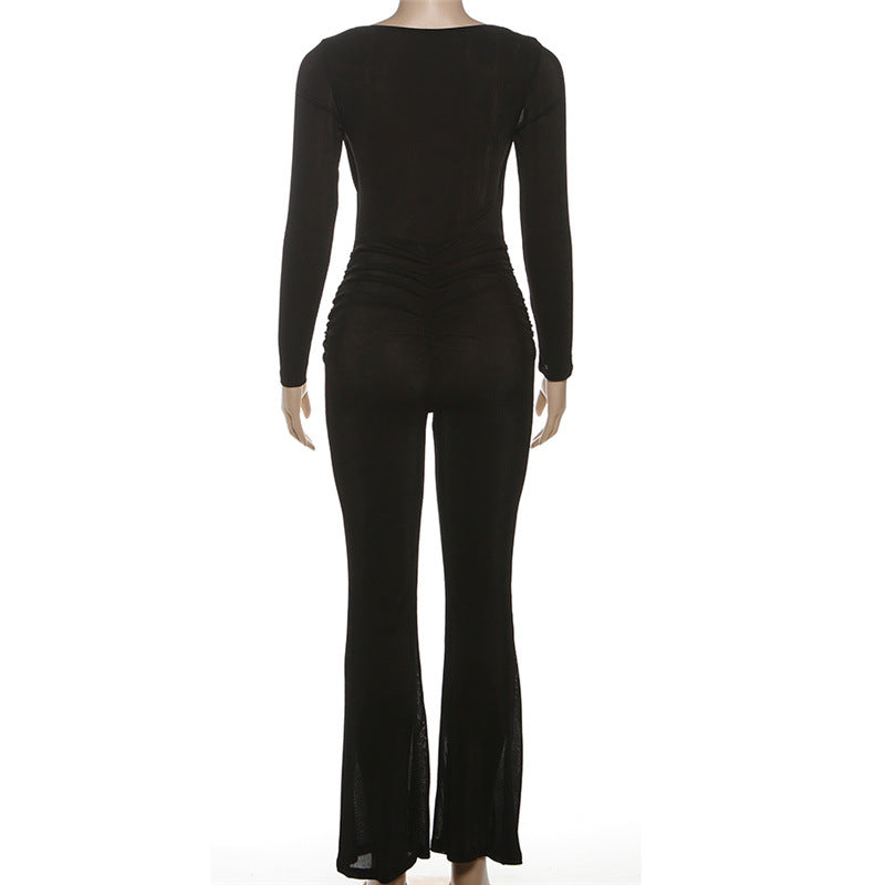 Women's Autumn Sexy Hollowed Out Cowl Neck Slim Fit High Waist Long Sleeve Jumpsuit 7