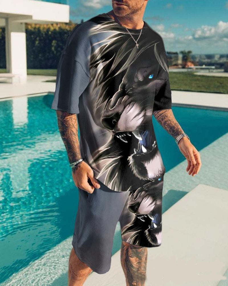 Men's Casual Colorblock Print Short Sleeve T-Shirt and Shorts Two-Piece Set 35