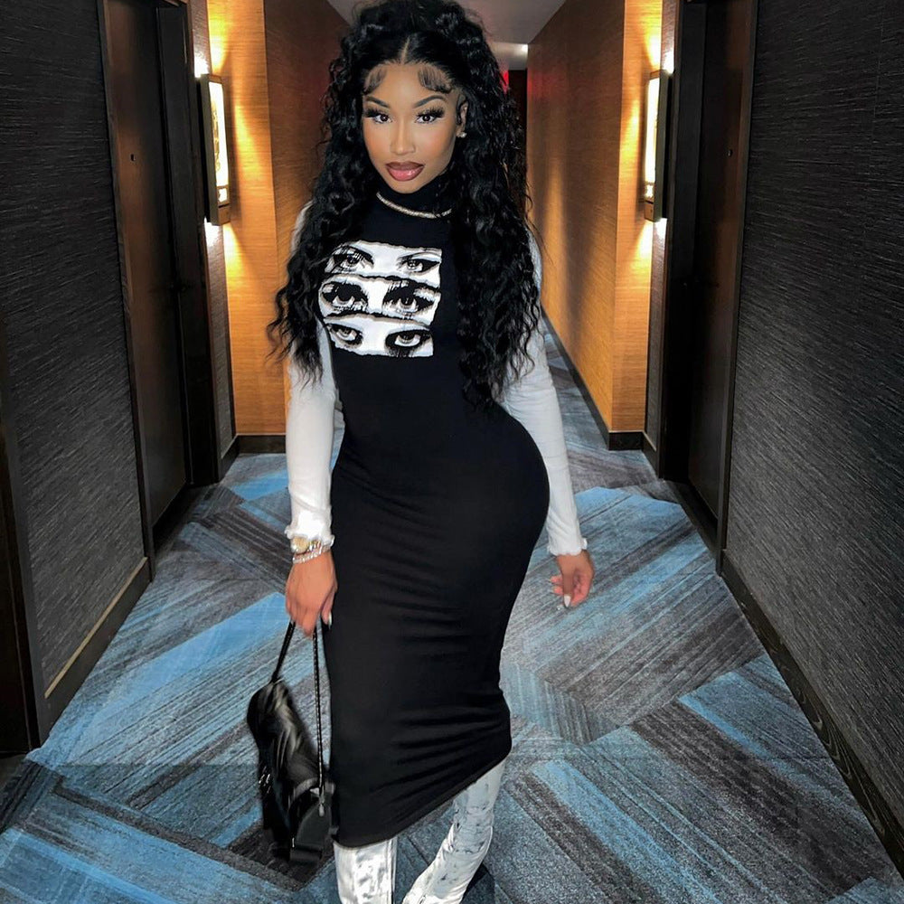 Women Sexy Long Sleeve Round Neck Print Dress 3