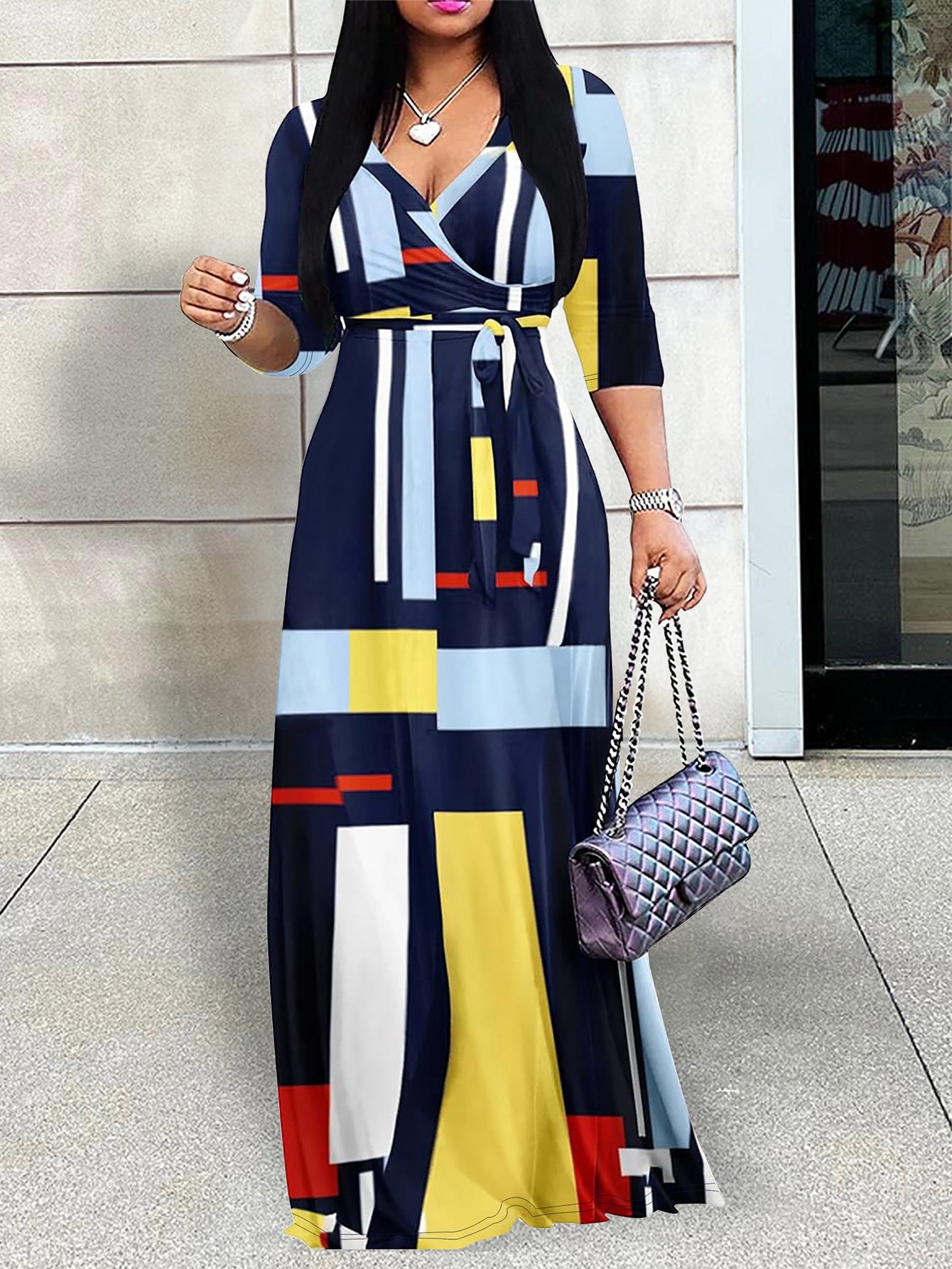 Spring & Autumn Women's Fashion Elegant Wrap V-Neck Half-Sleeve Print Belt Maxi Dress 54