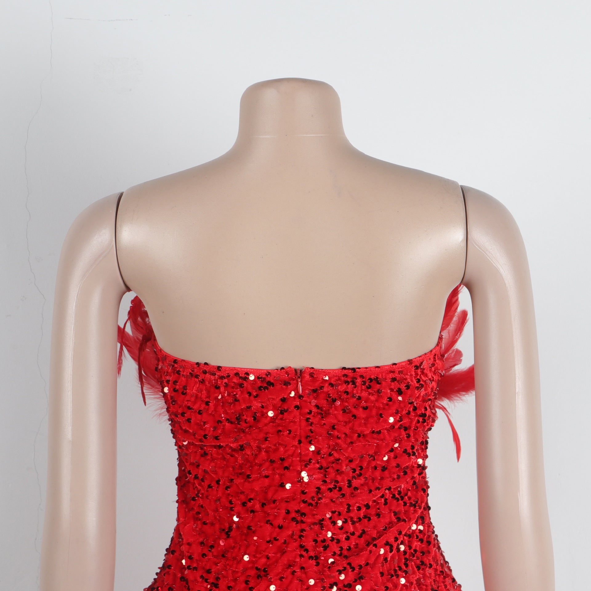 Sexy Feather Sequin Strapless Tight Fitting Slim Bodycon Dress 29