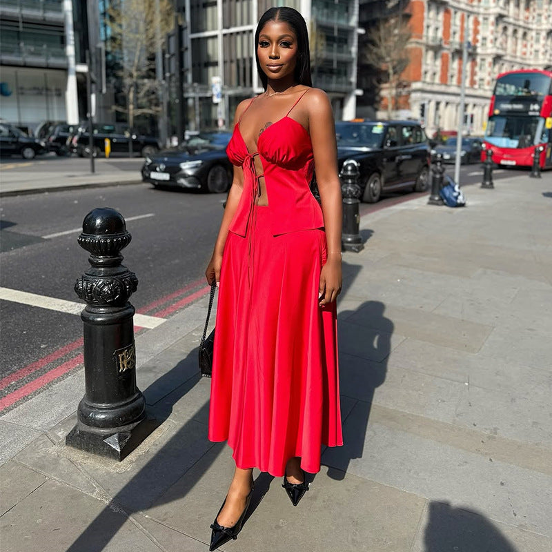 Women's Summer Sexy Lace-Up Straps Top & High-Waist Skirt Two Piece Set