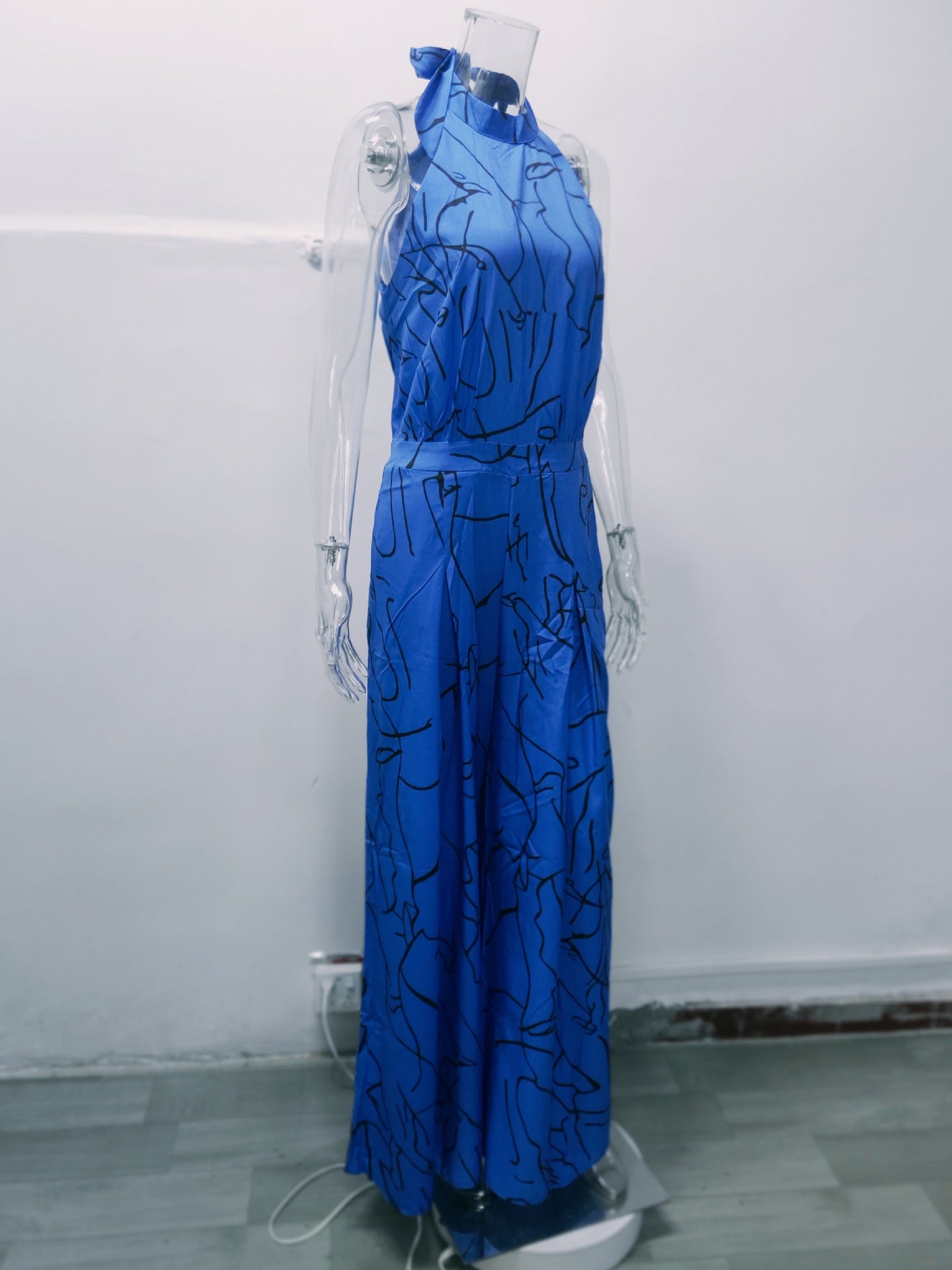 Summer Women Elegant Lace-Up Sleeveless Halter Neck Print Jumpsuit 35