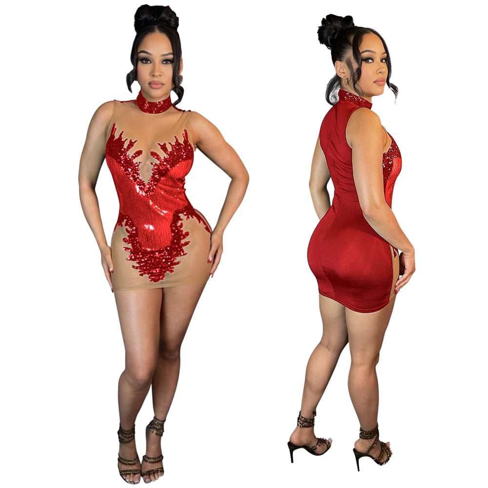Women Round Neck Sleeveless See-Through Sequined Bodycon Sexy Dress