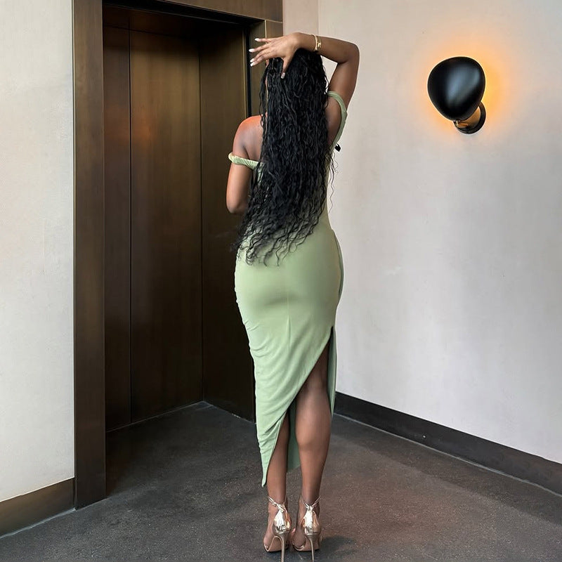 Women's Fashion Spring/Summer Sexy Off Shoulder Low Back Ruched Slim Long Dress 3