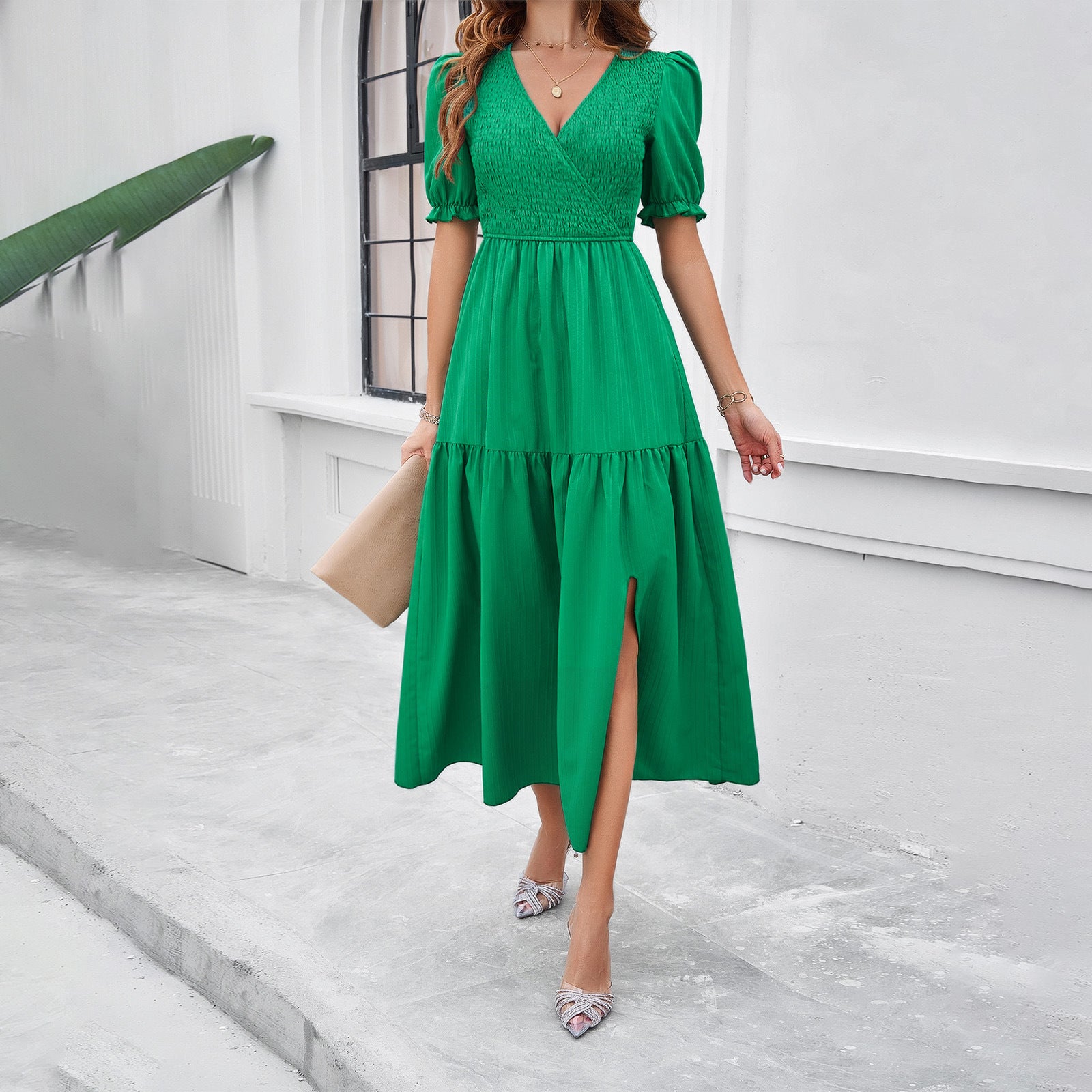 Women's Spring And Summer Solid Color Chic V-Neck Short-Sleeved Long Dress 6