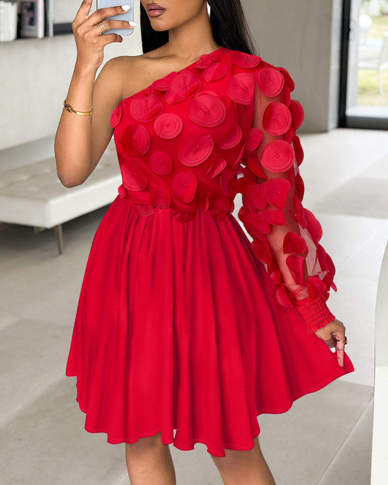 Women's Fashion Mesh Patchwork One Shoulder Dress 3
