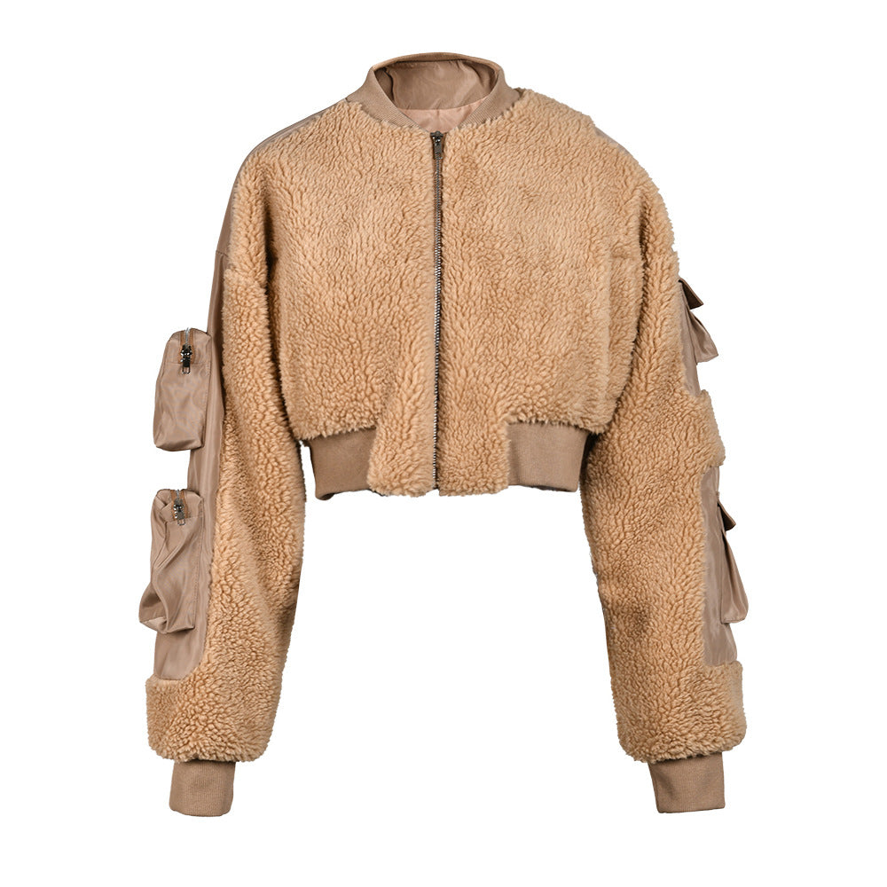 Fashionable Winter Lamb Wool Patchwork Multi-Pocket Short Zipper Jacket 7