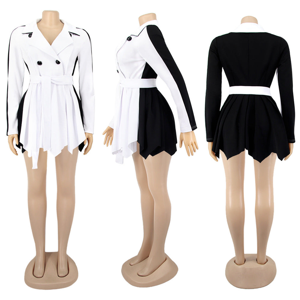 Women Solid Color Block Long Sleeve Casual Dress 14